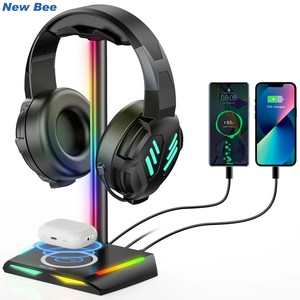 New Bee Z12 RGB Headphones Stand Holder with Wireless Charger Base