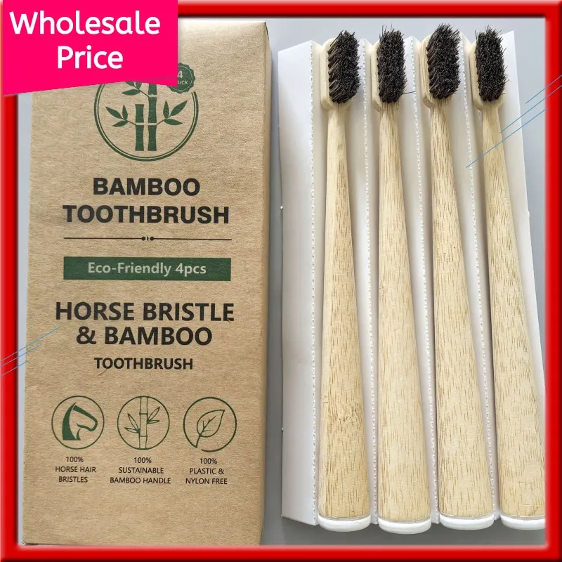 Horse Bristle & Bamboo Toothbrush (4-Pack) - Luxurious & Soft Horse Bristles - Fully Biodegradable - Plastic & Nylon Free