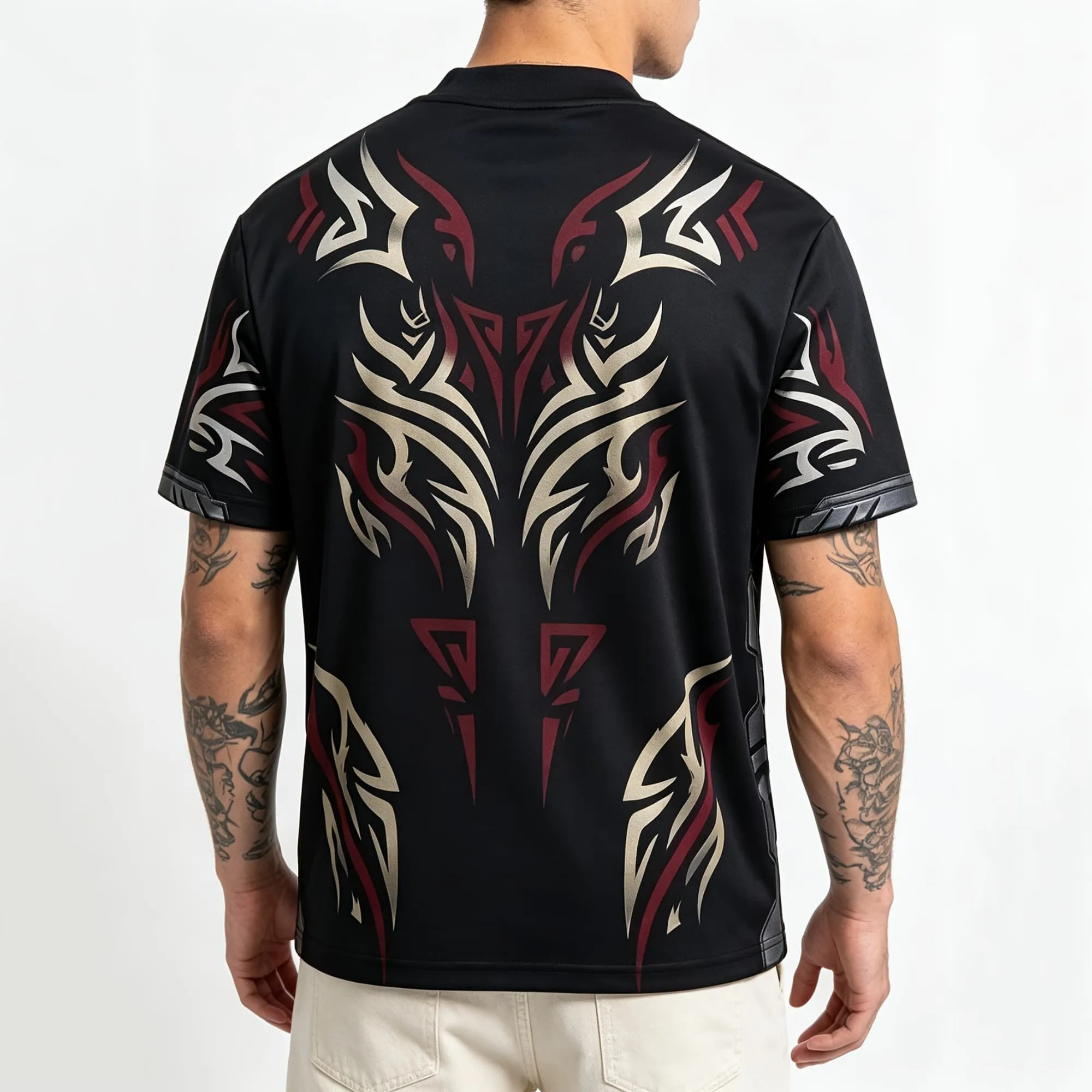 Ethnic Tribal Totem Beast Graphic Print Men Short Sleeve T‑Shirt Red Cream Outline Contrast Dark Street Fashion Shirts