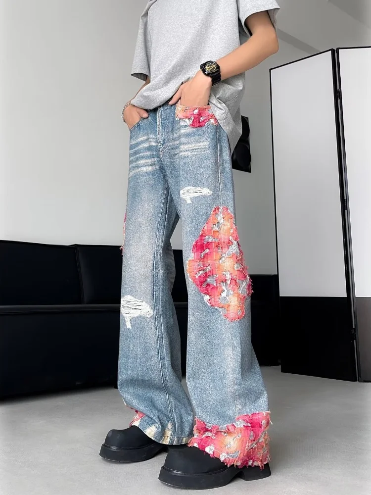 

Men's Summer Thin American High Street Hiphop Jeans Distressed Straight Leg Loose Wide Leg Long Trousers Trendy Brand Jeans