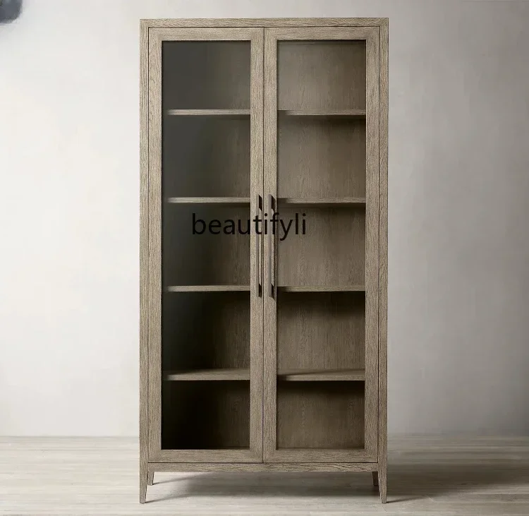 

Q181 American Style Solid Wood Sideboard French Retro Display Cabinet Storage Organizer High Cabinet Bookcase Living Room Floor