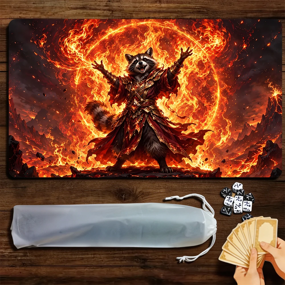 Fire Magic Raccoon TCG Playmat Magic Playmat with Stitched Edge Anti-slip base 60X35cm Gathering Gaming Mat Trading Card Game