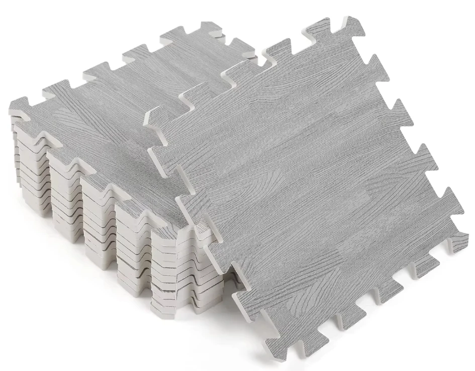 

Wood Grain Floor Foam Mats with Border, Wood Printed Interlocking Foam Tiles Anti Fatigue Flooring Mat(Gray,12 x 12 Inch)