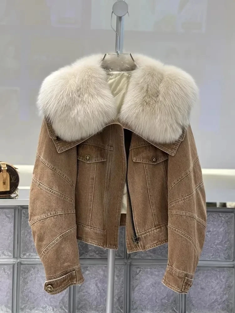 Autumn 2024 Winter New Faux Fox Fur Denim Fur Jacket Women\'s Short Overcoat Fashion Loose Warm Parker Coat Short Cotton jacket