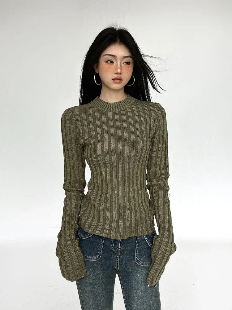 Women Y2k Aesthetic Slim Knitwear Sweet Sweaters 2024 Vintage Solid Streetwear Jumpers Screw Thread Grunge Harajuku Pullovers