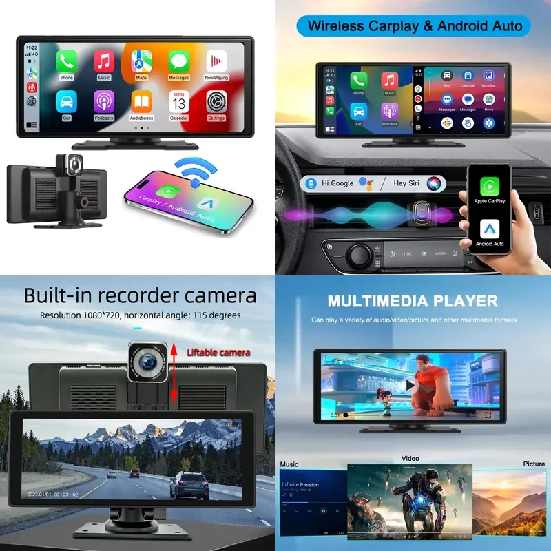 Wireless Portable 10.26 HD Navigation Touch Screen Car Stereo Dual Lens DashCam DVR For Android Auto Carplay Screen