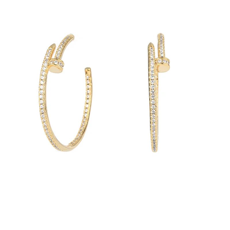 925 Silver Luxury Nail Hoop Earrings for Women, Gold Plated CZ Stud Dangle Earrings, Daily Party Jewelry