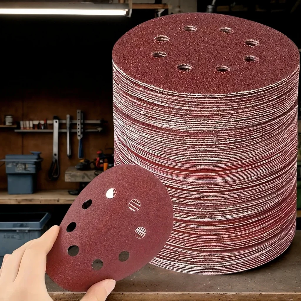 

10PCS Flocking Sandpaper - 5" 8-Hole Polishing Red Sandpaper Sheets & Discs for Sanding Pads