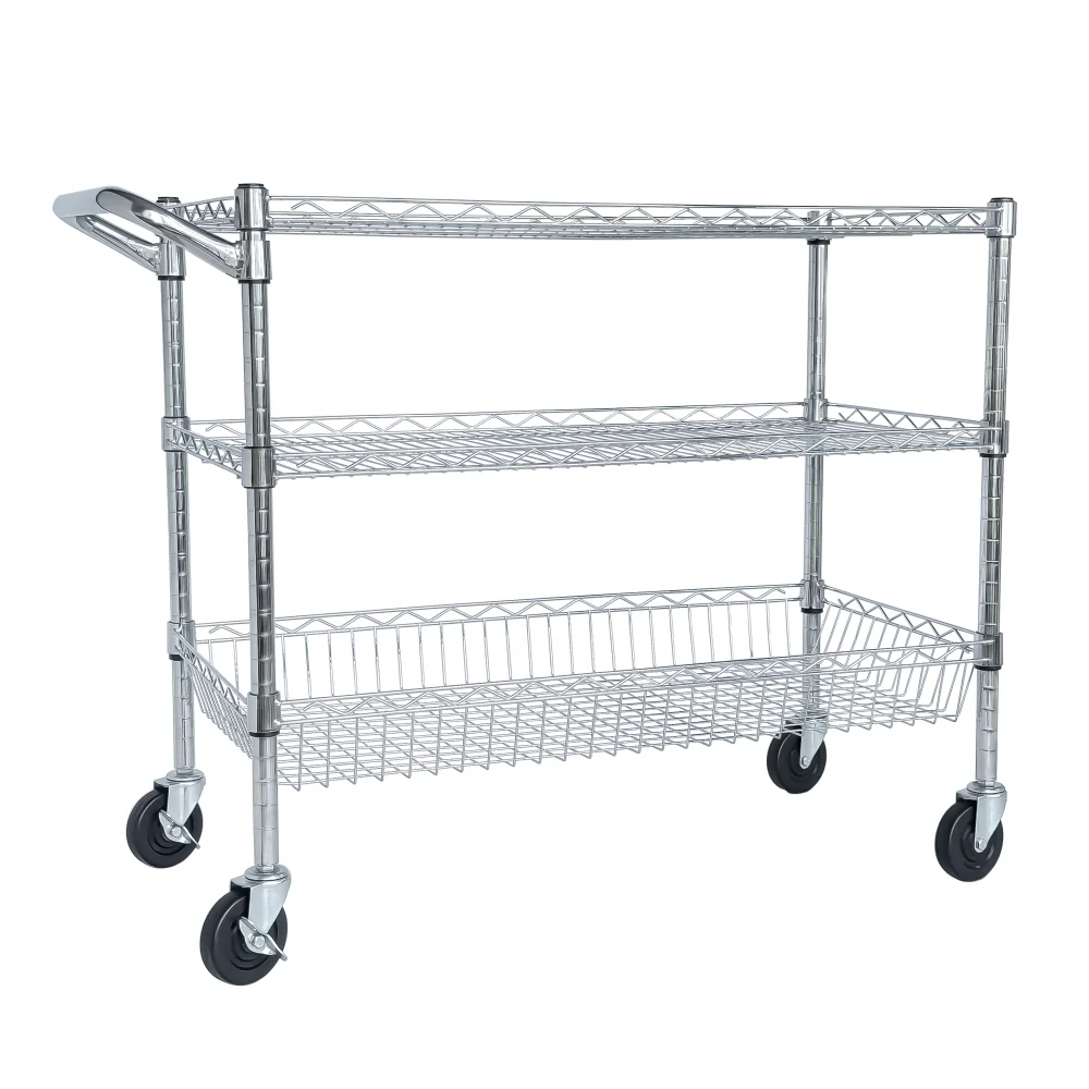 

3-Tier Heavy Duty Rolling Cart: Handle & Shelf Liners,36\"x18\"x32\" Chrome for Kitchen/Restaurant/Plant