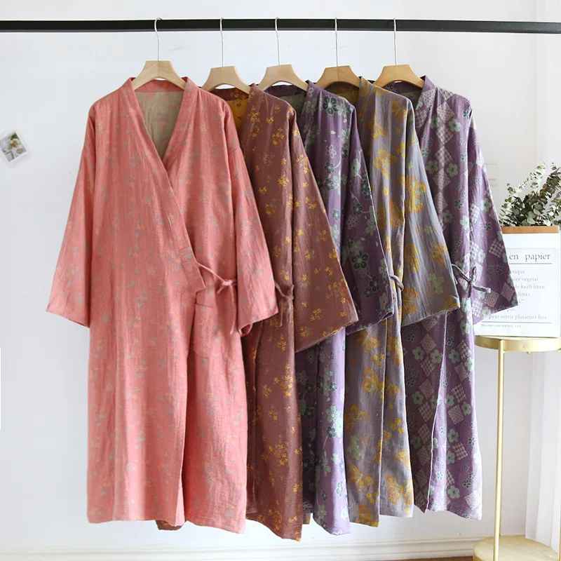 2024 Spring Autumn Women\'s 100% Cotton Double Sided Jacquard Kimono Robes Women Nightgowns Loose Size Comfortable Home Bathrobe