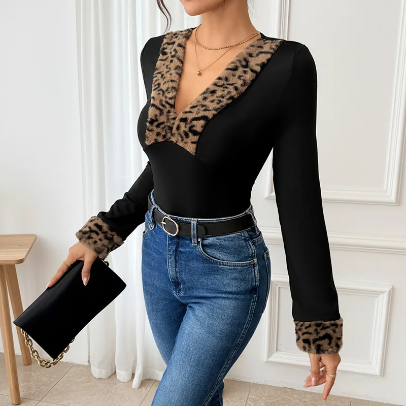 

2026 Autumn/winter New Retro Party Sexy Style V-neck Leopard Print Patchwork Long Sleeved Jumpsuit For Women Rompers