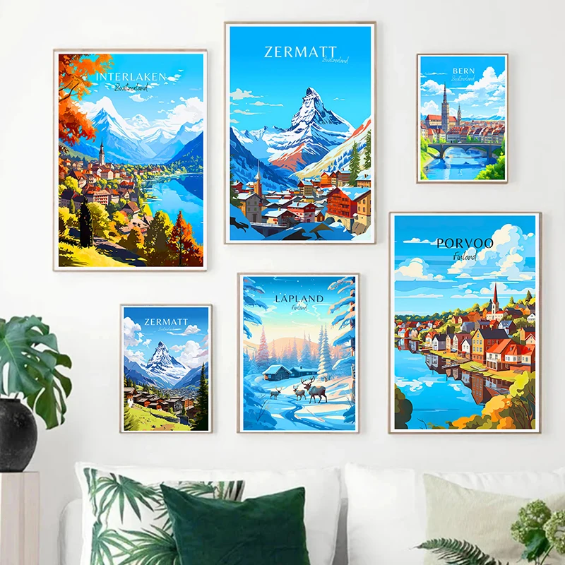 Switzerland Finland Travel Poster Lapland Porvoo Helsinki Zermatt Canvas Painting Wall Art Picture for Living Room Home Decor