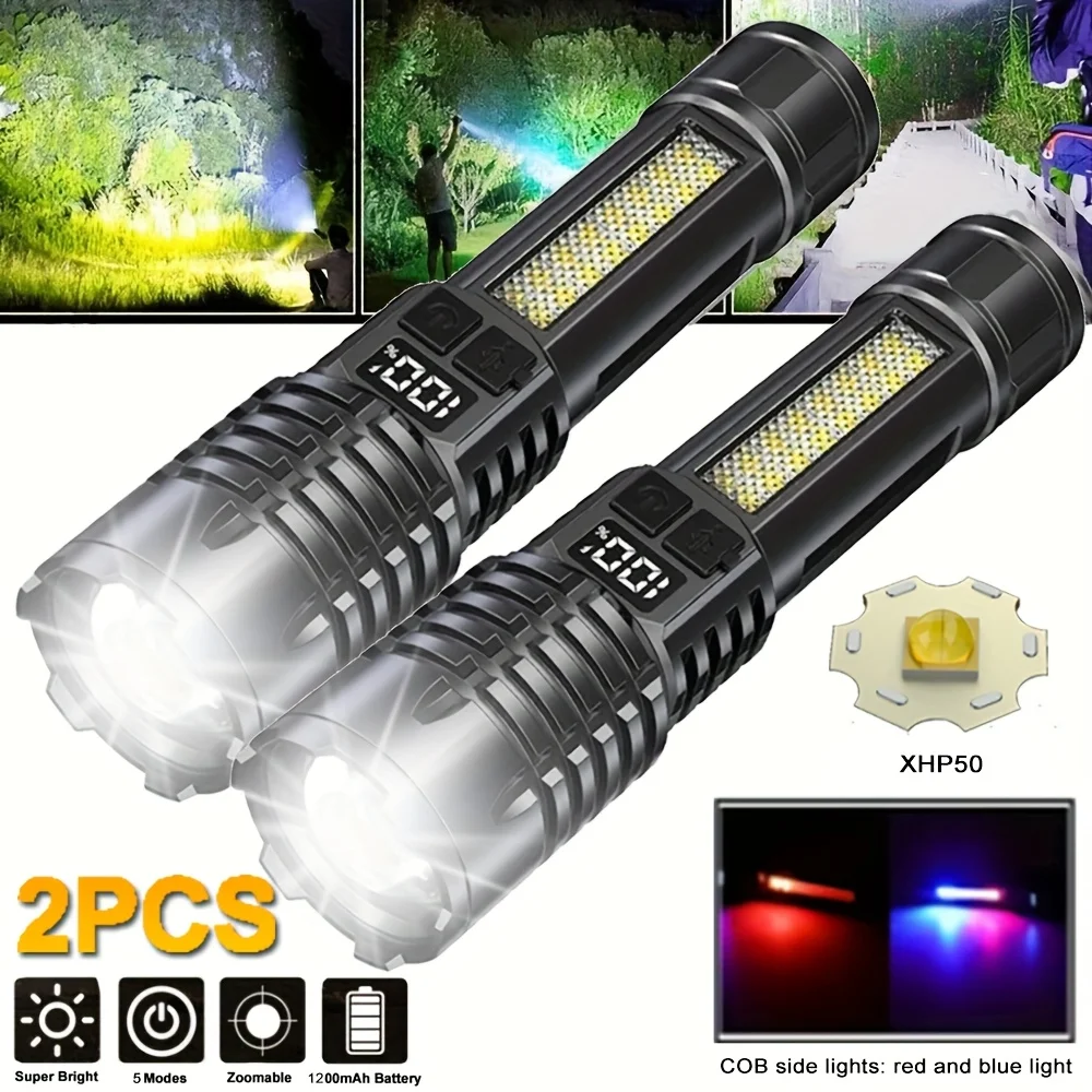 

Portable Rechargeable High Power LED Flashlights With Display Screen Zoom Tactical Torch Lamp with Emergency Side Lights Lantern