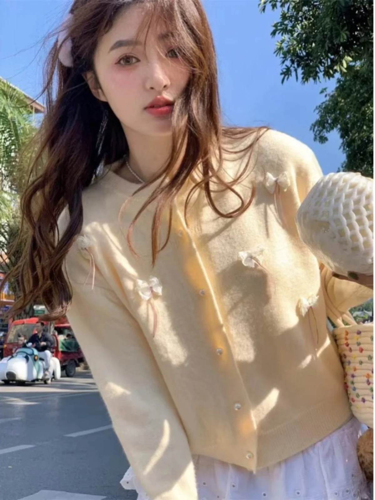 

Chic Sweetened Knitted Cardigan Women's Spring Autumn ort Sle Knot Sweater Jaet Gentle Sle Commute Sle