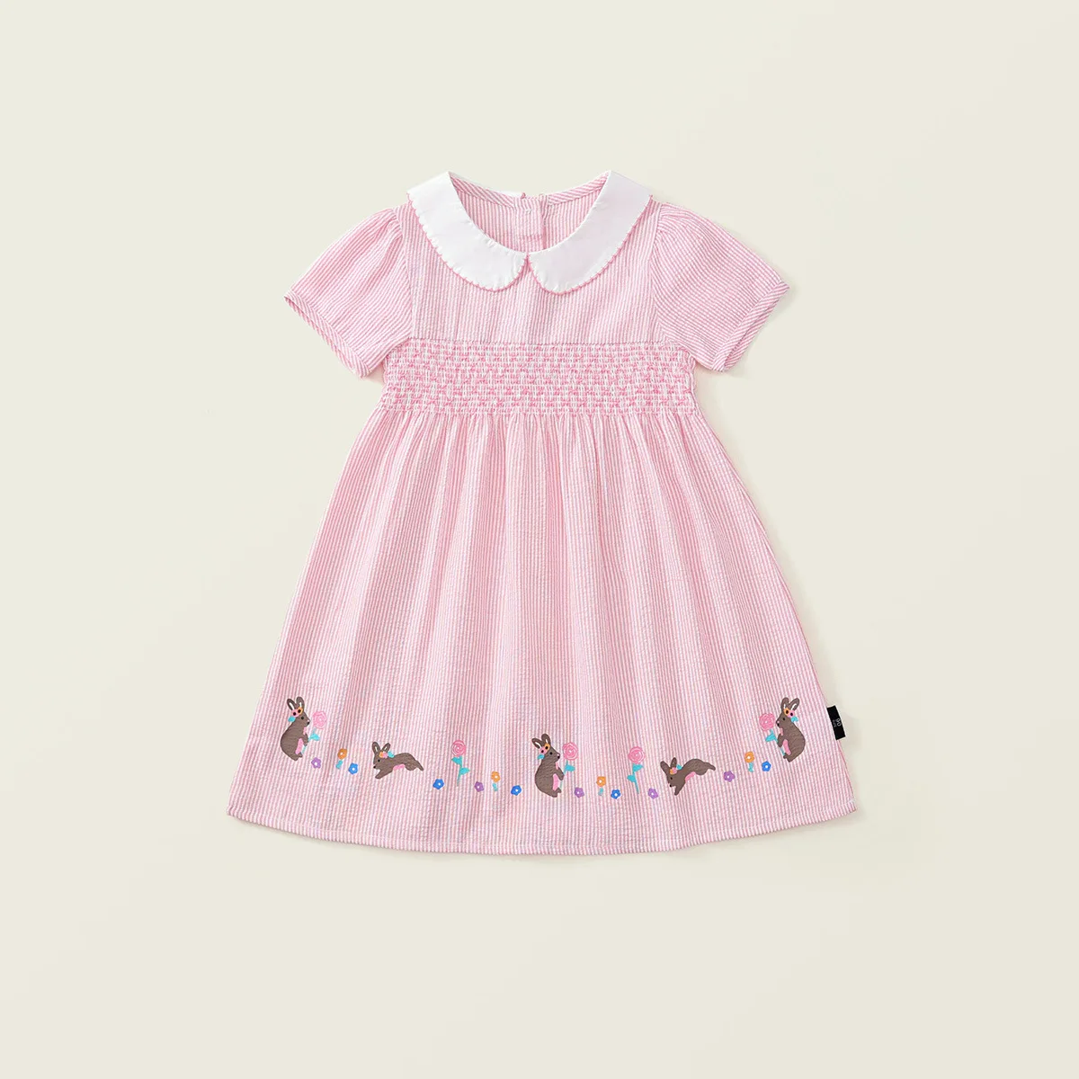 Girls Bebe Pink Pinstripe Cotton Smocked Dress Peter Pan Collar Short Sleeve Cute Bunny Dress