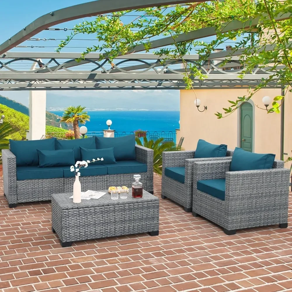 4 Piece Wicker Patio Furniture Sets Outdoor Conversation Set PE Rattan Sectional Sofa Couch with Storage Table and Peacock Blue