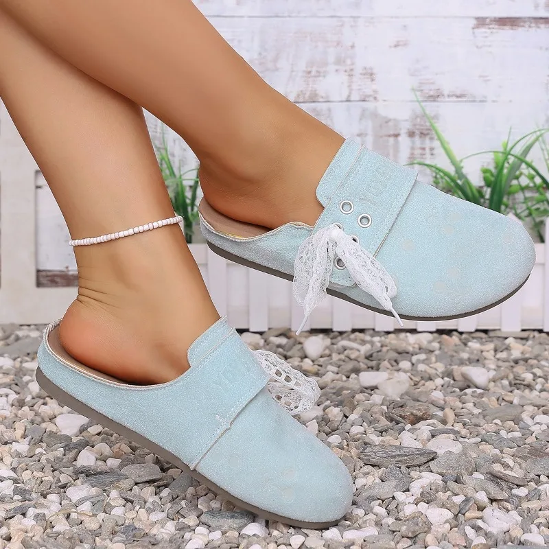 Trendy Lace Bow Suede Platform Mules Women Round Toe Eyelet Adjustable Strap 3.5CM Slip on Summer Clog Slippers