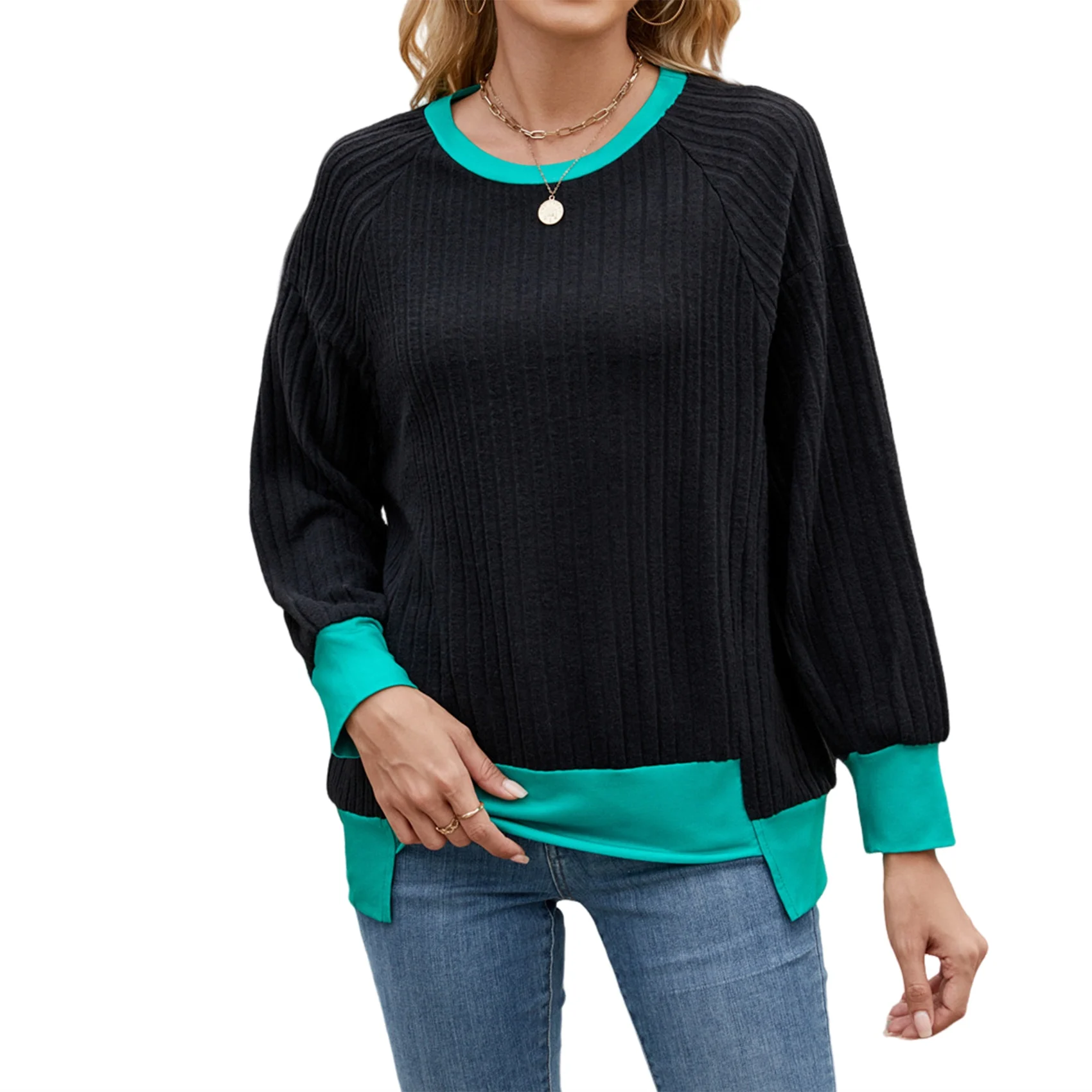 

ASDS-Long Sleeve Shirts For Women Tunic Tops Loose Fit Cute Casual Color Block Ribbed Knit Tops Sweaters