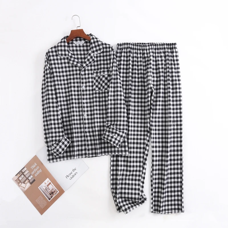 

Мужской пижамный комплект в клетку с длинными рукавами и лацканами, топ и длинные брюки, свободный крой, летняя мода, уютная одежда для сна, домашняя одежда, пижамы
