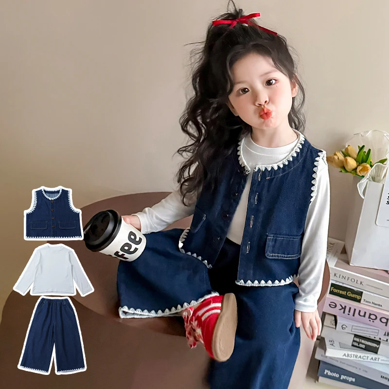 

Girls Clothes Set Size 2-9Y Kid Denim Vest Top&Tee&Jeans Bottom Suit Child 3 Pce Of Clothing Sets Toddle Girl Casual Denim Sets