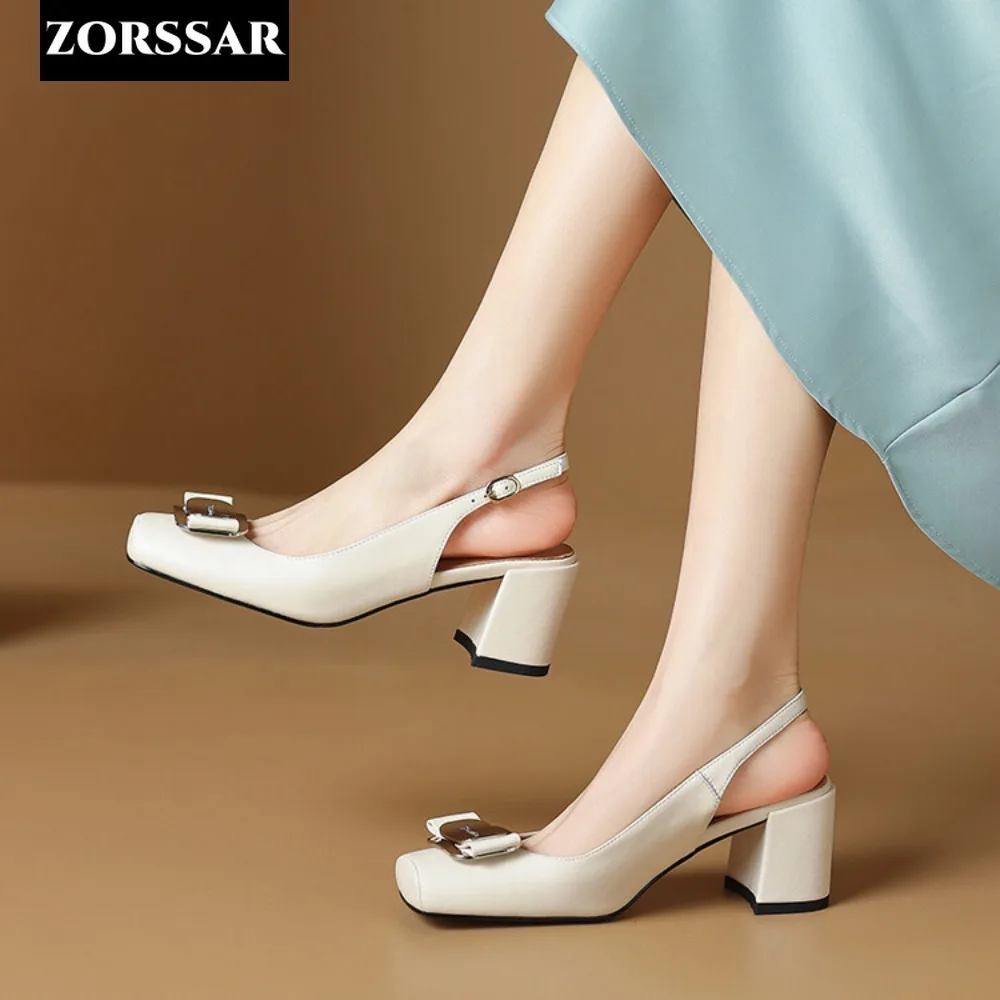 2024 Women Summer Genuine Leather Slingback Pumps Office Lady Square Heels Sandals Elegant Square Toe Female Sexy High Heels