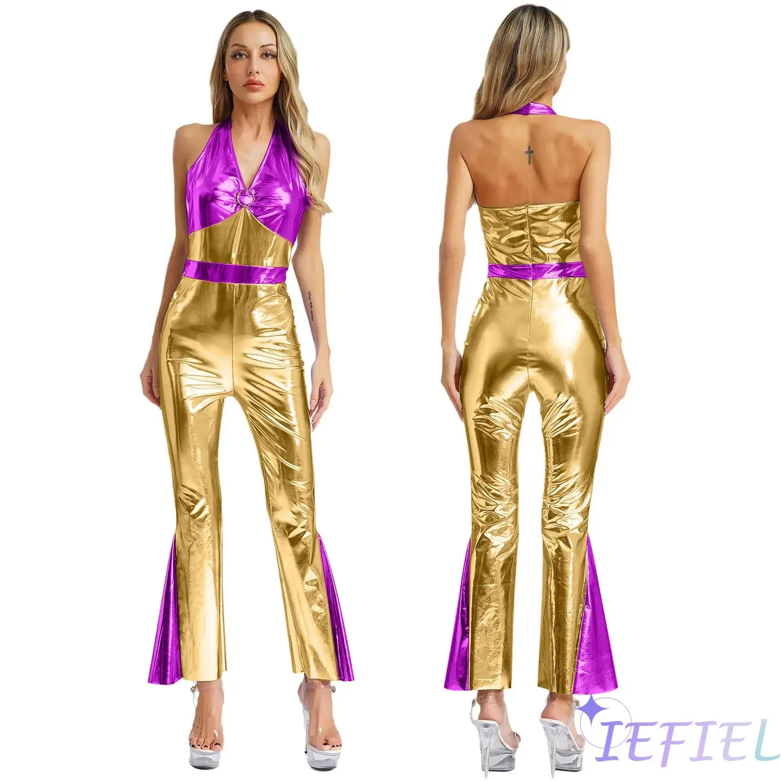 

Womens 70s Disco Jumpsuit Sparkling Metallic Halter Top with High Waist Flare Pants for Halloween Rock Musical Theme Party