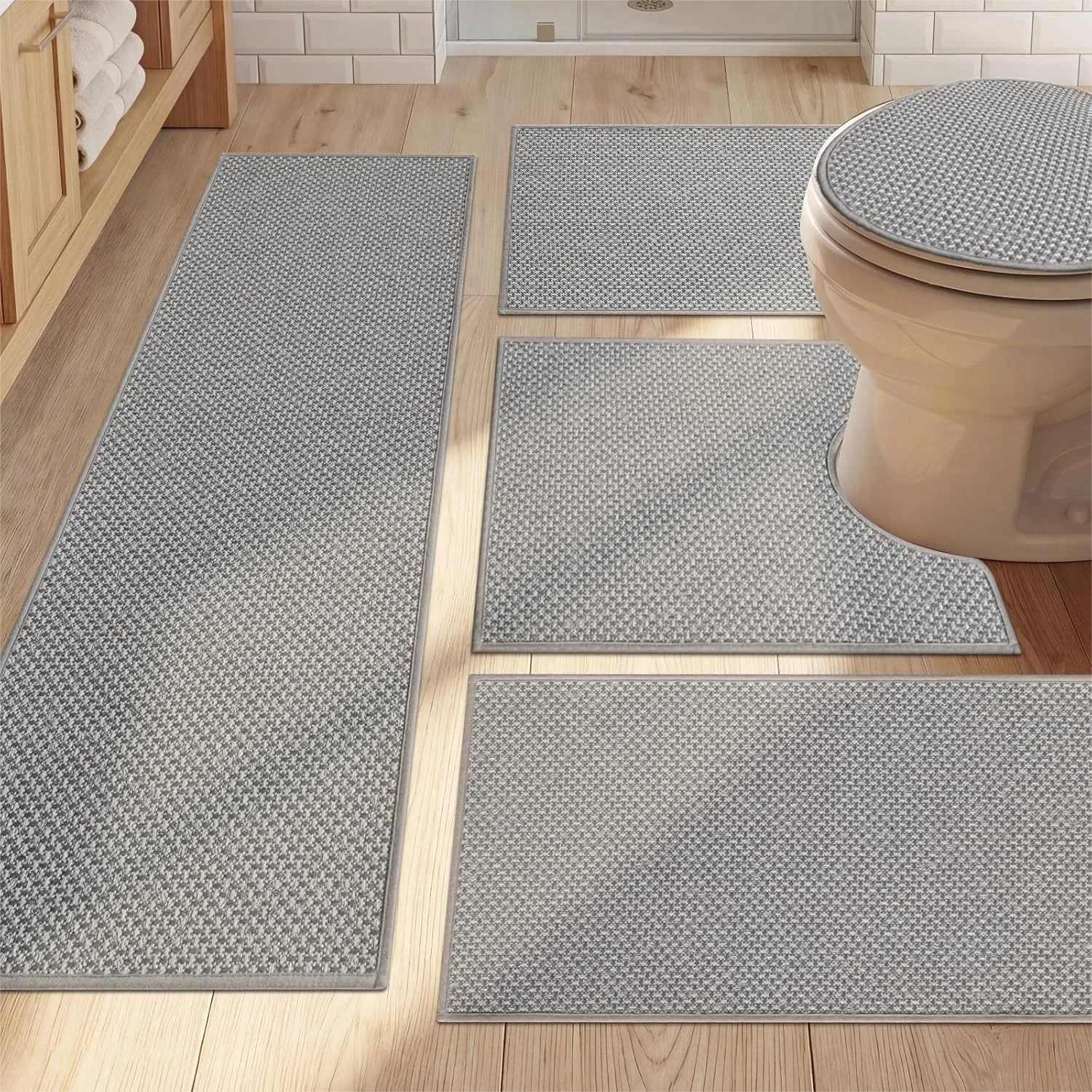 

Thin Bath Mat Grey 5 Piece Set, Non Slip Absorbent Quick Dry Woven Braided Bathroom Rugs Washable