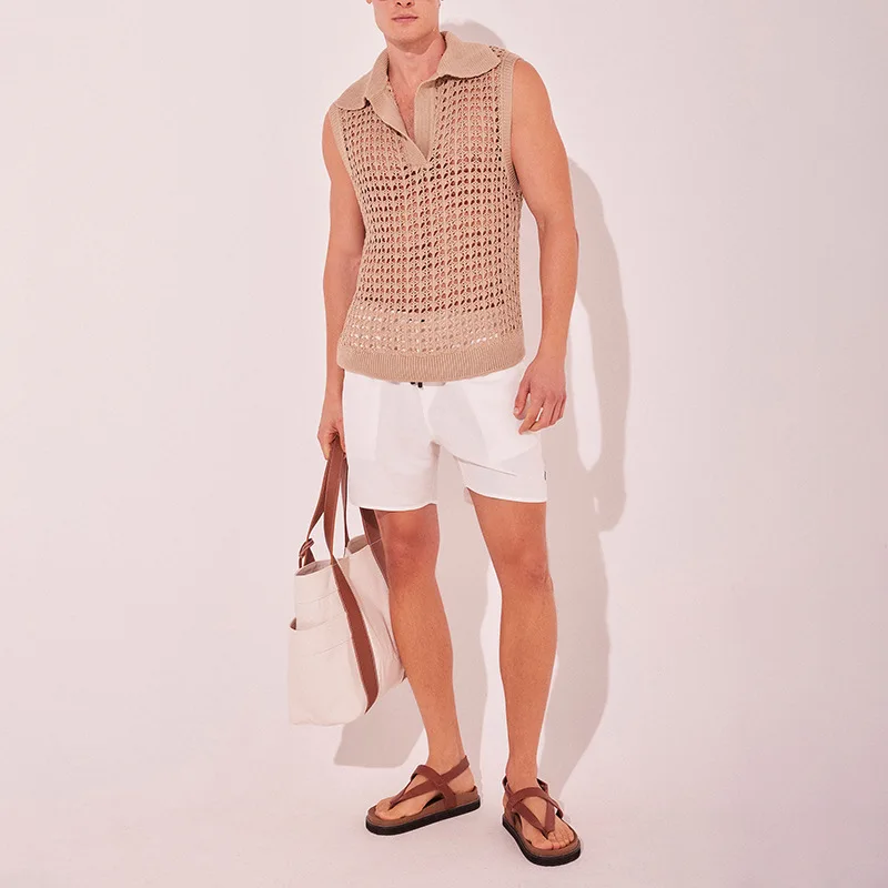 

Весенне-летняя новая легкая и полая сексуальная рубашка, мужская вязаная рубашка с лацканами и короткими рукавами, топ без рукавов, мужской