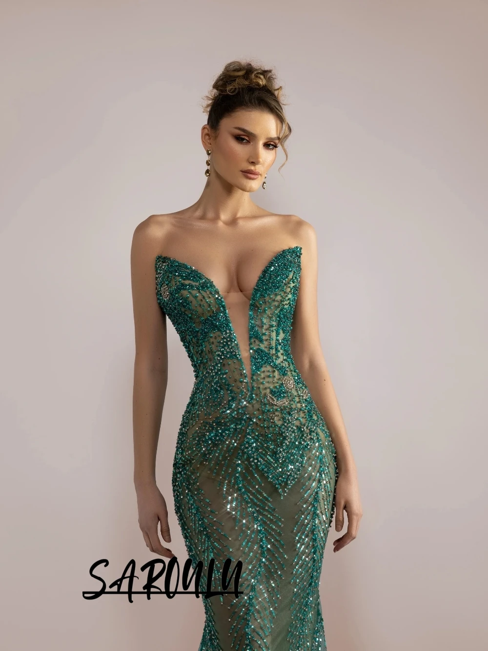 emerald green and gold dress for wedding guest Tea-Length Wedding Guest Dress with Long Sleeves– PromGirl