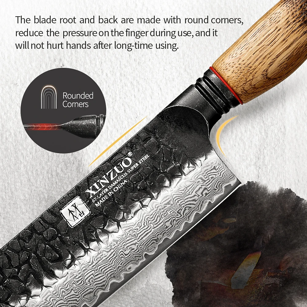 XINZUO Kitchen 7‘’ Nakiri Knife 67 Layers Damascus Steel Knife White Oak Handle Ideal For Meat Cleaver Slicing Vegetable Fish
