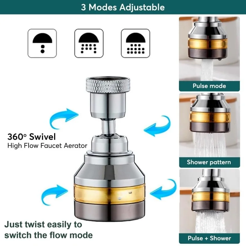 3 مهوية صنبور المطبخ النحاسي لتدفق المياه 360 °   رأس رش دوار من الفولاذ المقاوم للصدأ، فوهة معززة للضغط ومقاومة للرذاذ