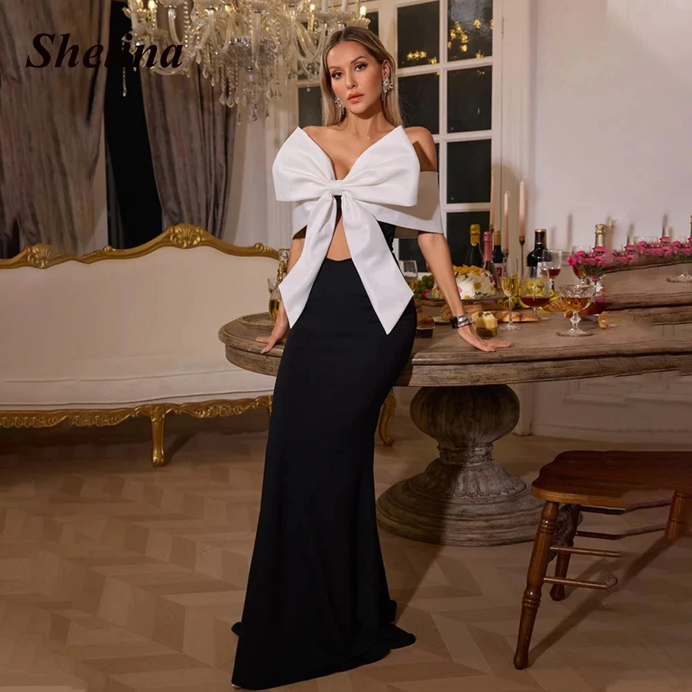 Einfaches Ballkleid mit großer Schleife, schulterfrei, ausgeschnitten, lange Meerjungfrau, Satin, Abend, Geburtstag, formelle Kleider, Robe De Soiree