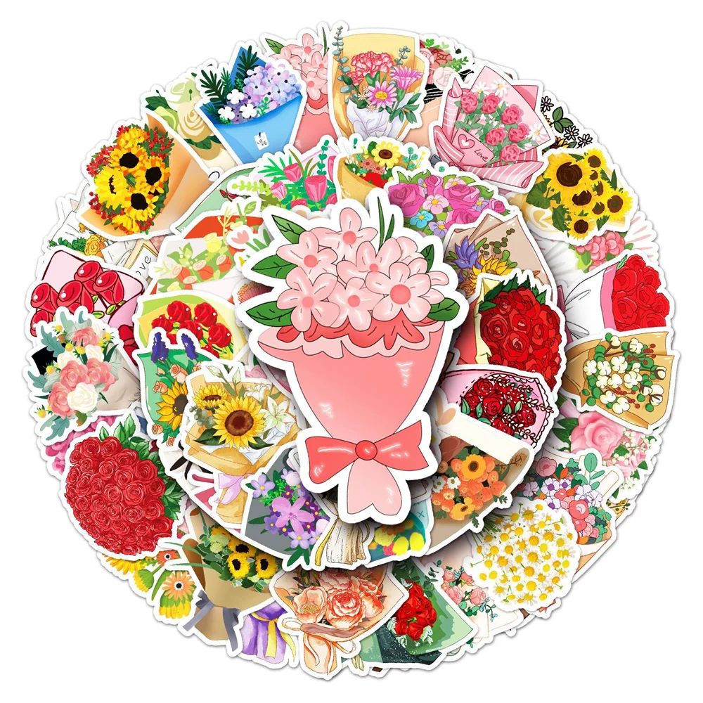 קריקטורה אוהבת פרחים זר מדבקות, ניירת מזוודה, מחשב נייד מדבקת ילדה diy, חומר מגרדים, ציוד מלאכה, 50 יח'