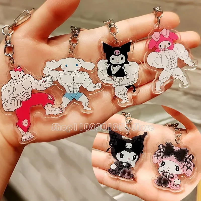Funny Hello Kitty Acrylic Keychain Cartoon Cute Kuromi Cinnamoroll Melody Muscle Shaped Pendant Pom Pom Purin Key Chain