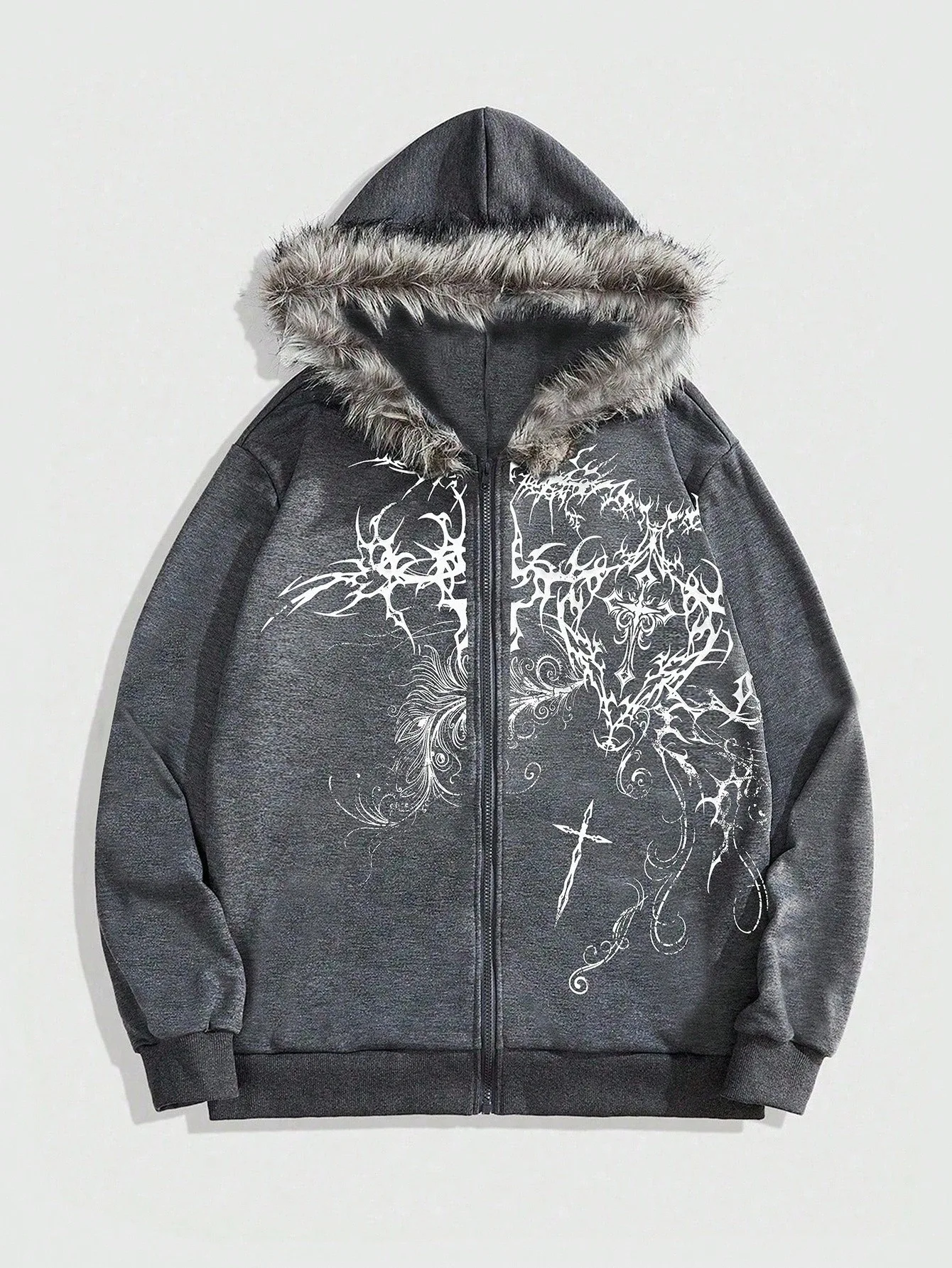 

Новинка 2026, женская зимняя толстовка с флисовым воротником на молнии, толстовка с перекрестным принтом, готический хип-хоп, свободная толстовка с длинными рукавами