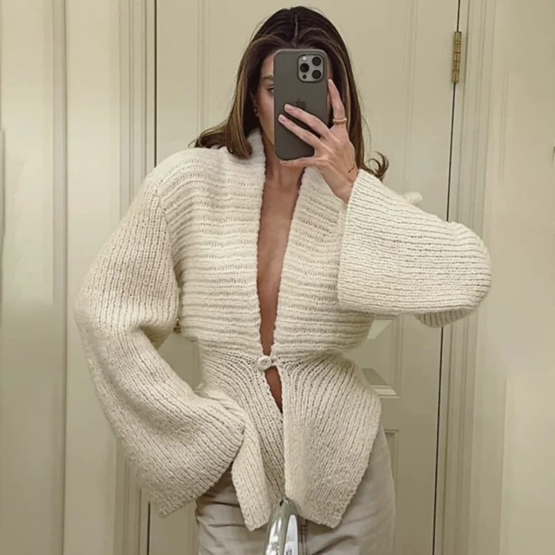 

Retro Knitted Cardigan Irregular Hem Sweater Top 2025 Hot New Autumn Winter V neck Hollow Sexy Sweater Coat Solid Casual