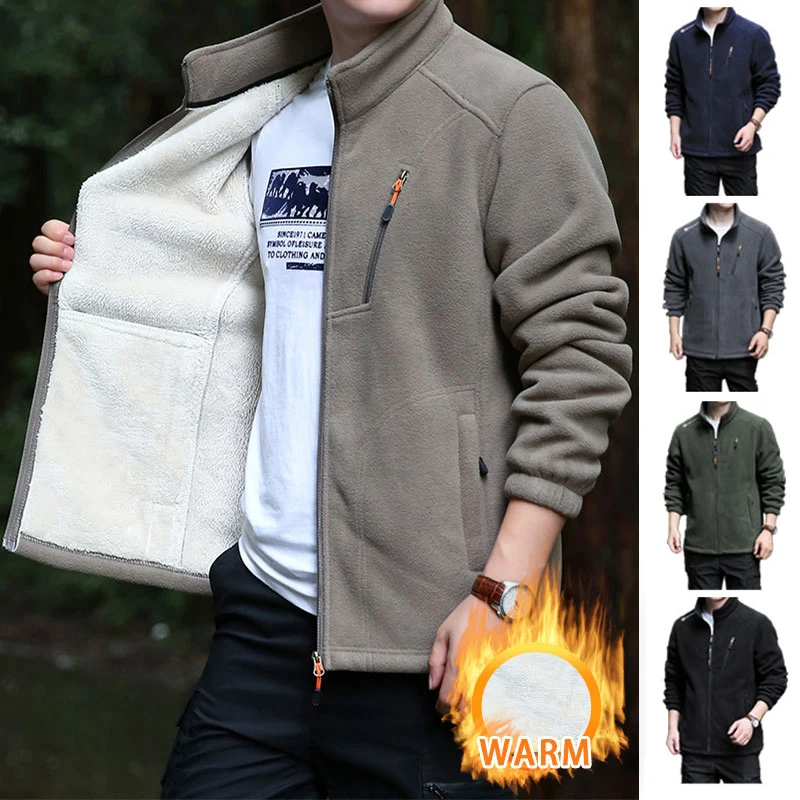 

Men Outdoor Jacket Warm Fleece Jacket Winter Zipper Cardigan Outdoor Running Hiking Casual Sport Warm Solid Color Sports Jacket
