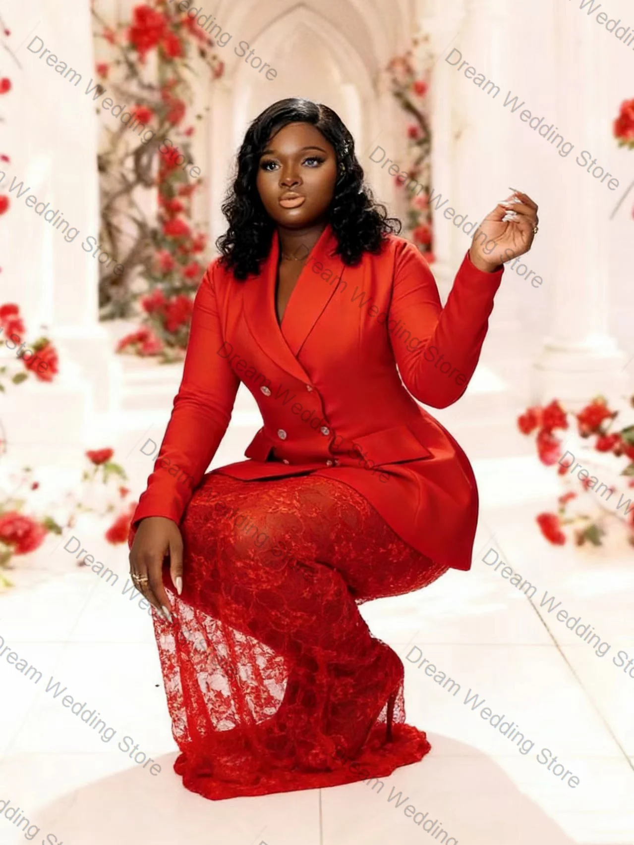 

Red Women Suit Set 2 Pcs Blazer+Lace Prom Dress Autumn Spring Cotton Formal Office Lady Jacket Customized Wedding Guest Coat