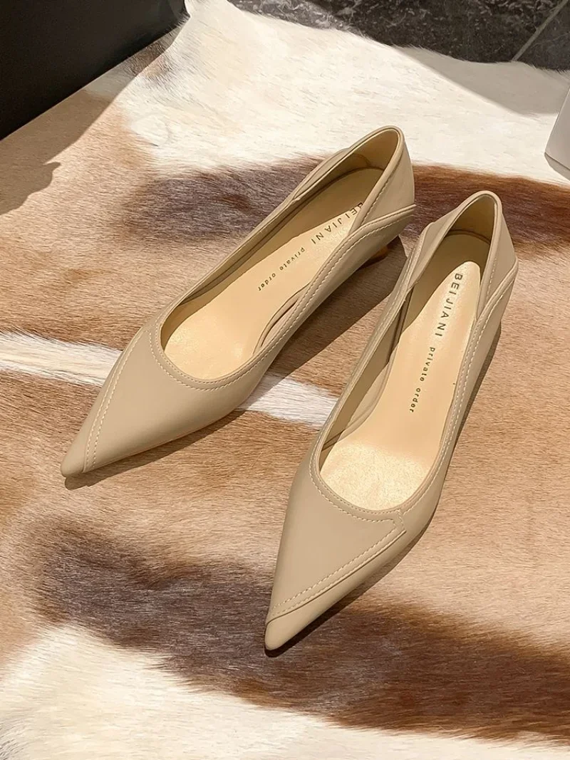 With Medium Heels Formal Sexy Pointed Toe Woman Footwear Block Heel Beige Shoes for Women Square L Spring Korean Style Lastest E