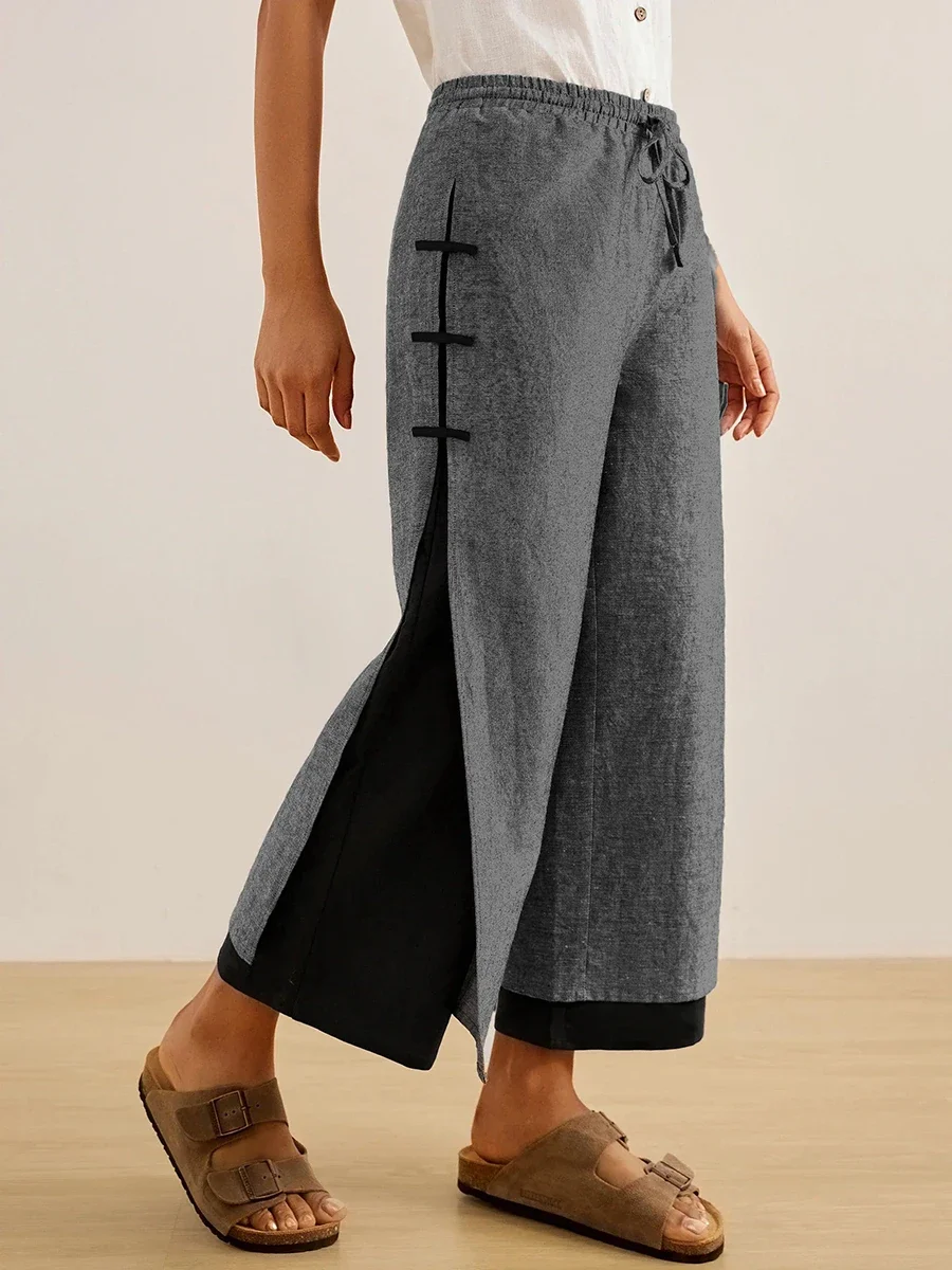 Hot Sale High Waist Elastic Drawstring Wide Leg Pants Women Casual Loose Straight Trousers Lace Up Side Slit Ankle Length