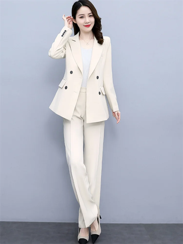 

2026 весенне-осенний костюм-двойка, женские карьерные офисные повседневные комплекты, двубортные пиджаки, прямые брюки, тонкие комплекты из 2 предметов