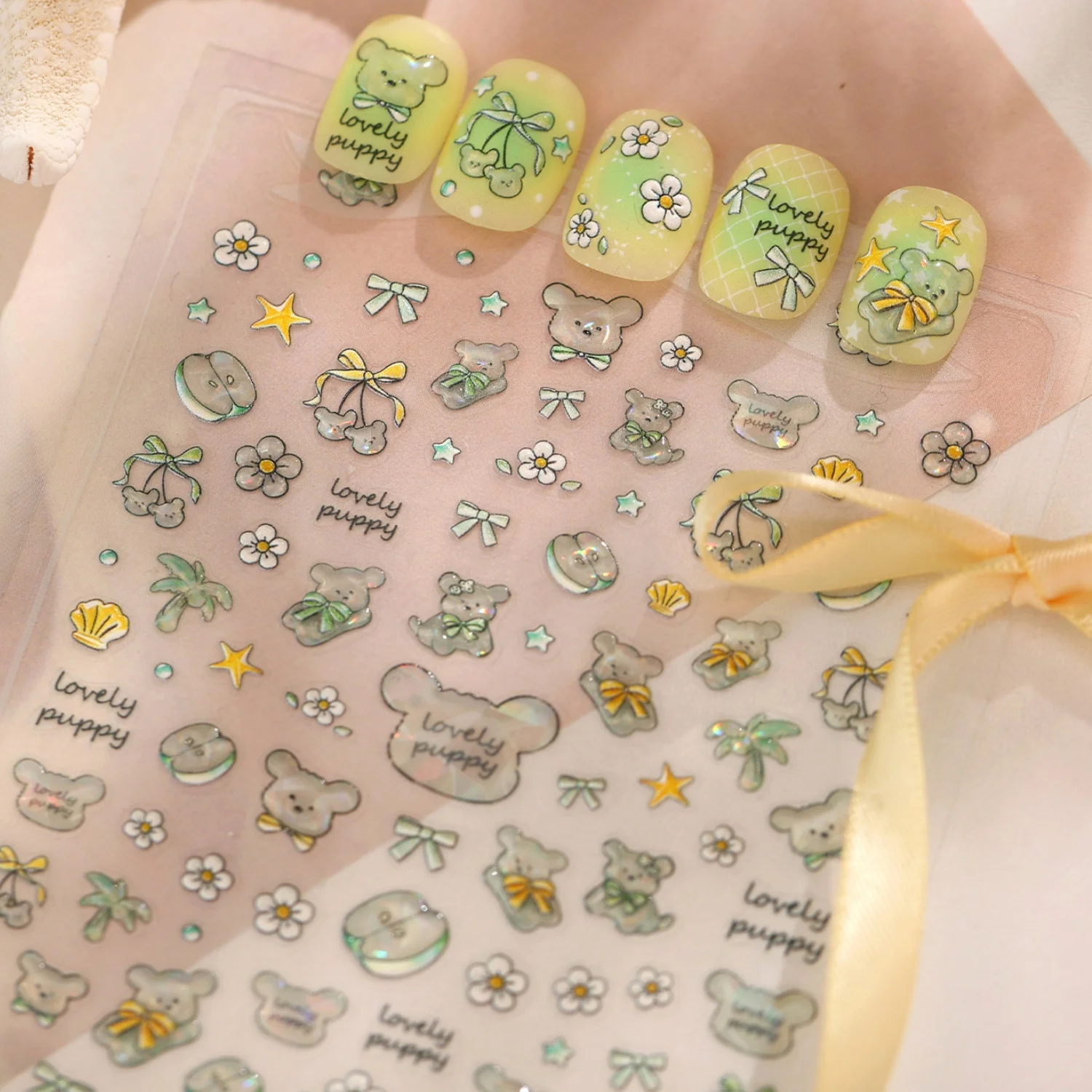 5D Cute Milk Green Nail Stickers Soft Puppy Bow Green Apple Small Flower Star Shell Self-adhesive Nail Art Decals Manicure DIY