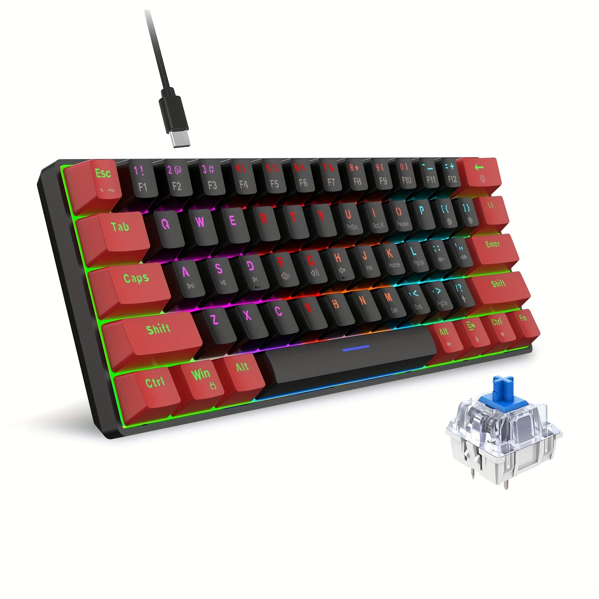 

Mechanical keyboard, Gaming keyboard, Blue switch and color backlight Small compact 61-key mechanical keyboard, portabl