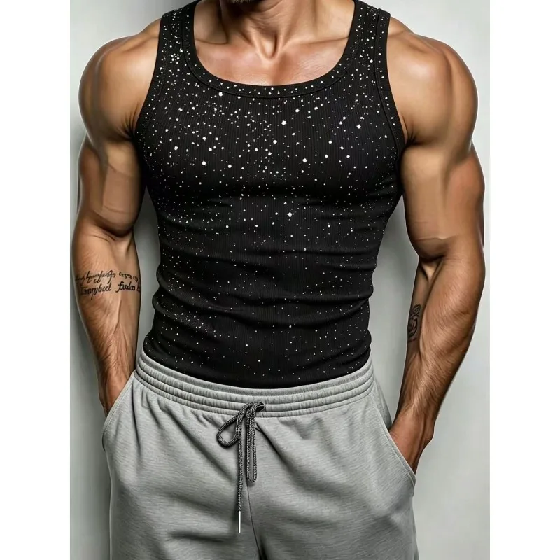 Men's Rib Tank Tops O-neck Ice Silk Elastic Slim Shiny Sequin Sleeveless Muscle Shirts Fitness Running Comfort Breathable Tees