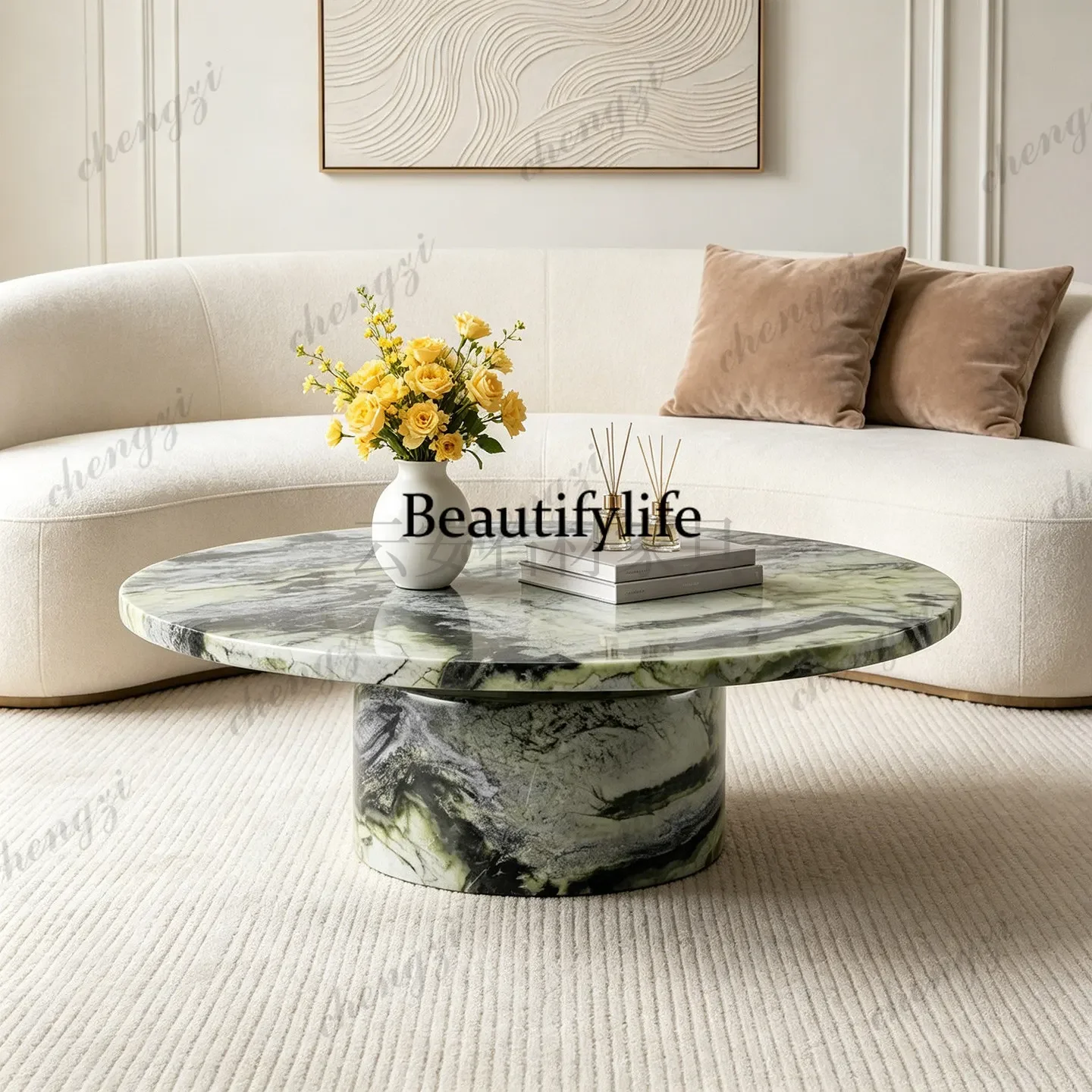 A55 Nordic light luxury high sense natural green marble round coffee table designer living room sofa