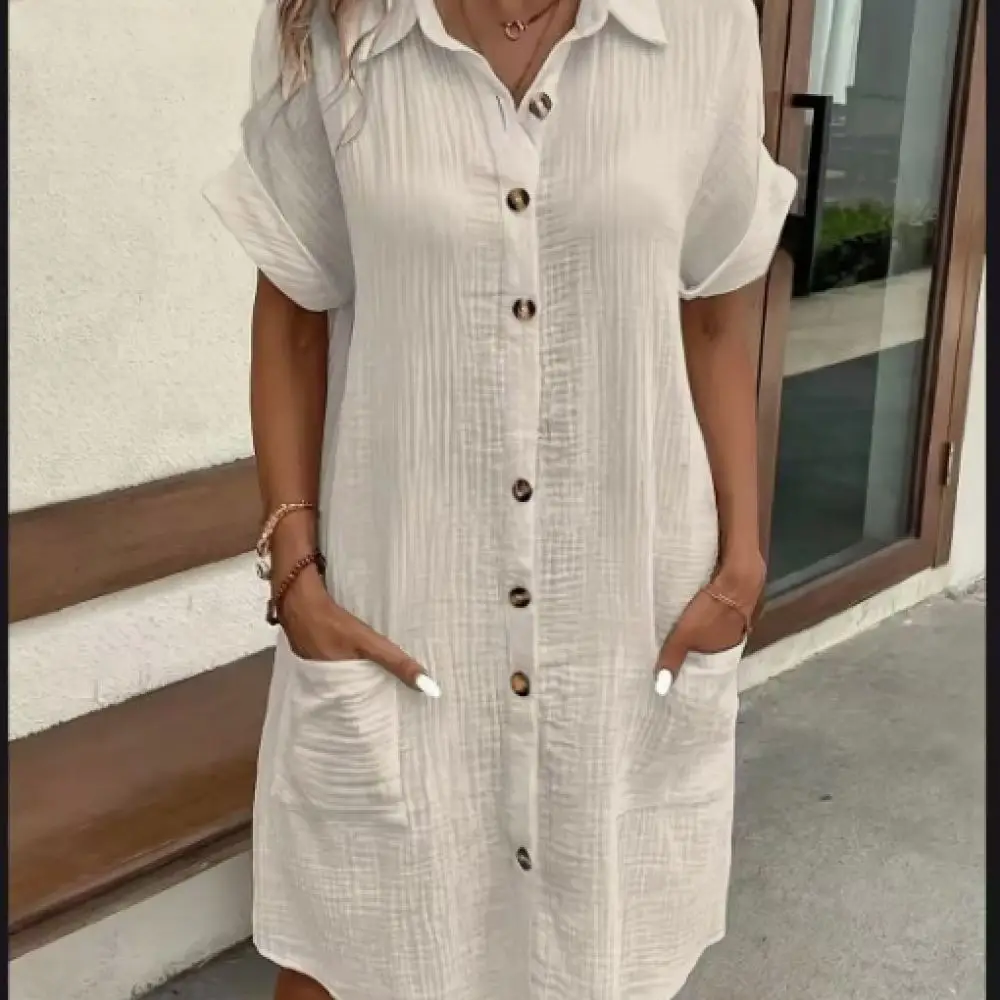 Casual Womens Short Sleeve Dress Solid Color Button Down A Line Mid Length Loose Fit Summer Retro Elegant Outfit