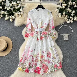 High Quality Summer Spring Lace Flower Print Midi Fashion Women Stand Collar Three Quarter Sleeve Hollow Out Party Casual Dress