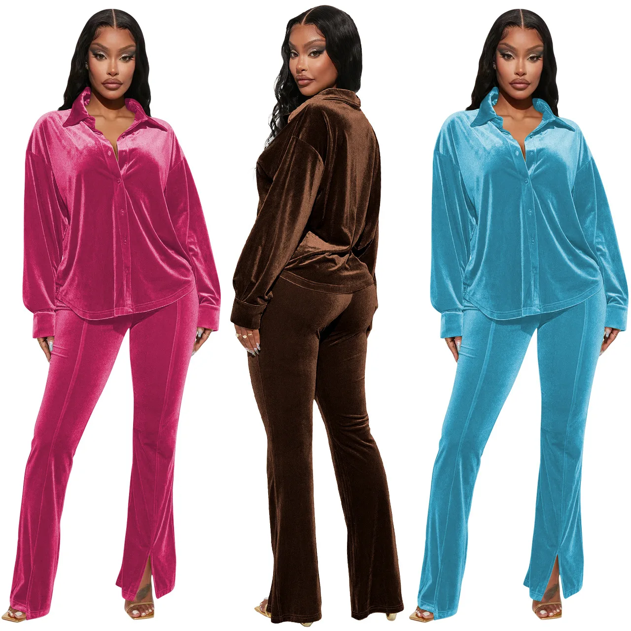 Velvet Pants Sweatsuit  Fall Winter Clothes Straight Wide Leg Latest Design   Solid Color Pajamas   Loose 2 Piece Set Women