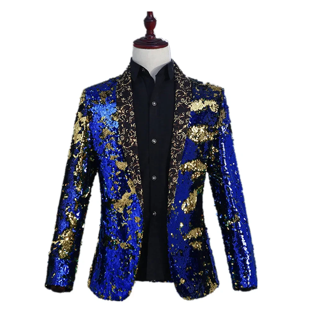 Blazer con paillettes blu Royal e oro giacca da uomo con colletto a scialle mostra Nightclub Bar DJ Singer Host Stage Wear