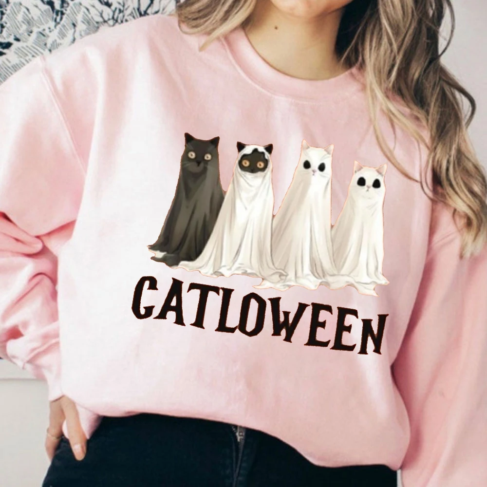 

Cute Halloween Cat Sweatshirt Spooky Cat Tops Ghost Cats Printed Long Sleeve Cat Lovers Halloween Gift Women Casual Tshirt